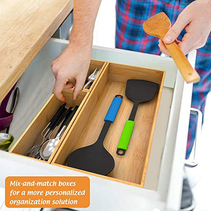 Bamboo Drawer Organizer Utensil Holder for Kitchen, Small Wood Silverware Storage Organizer, Stackable Box Tray for Cutlery, Flatware, Bathroom Caddy for Makeup, Perfume, Jewelry, 6x3x2.5 Inch | Wooden Silverware Tray Cutlery Holder Flatware Containers, M