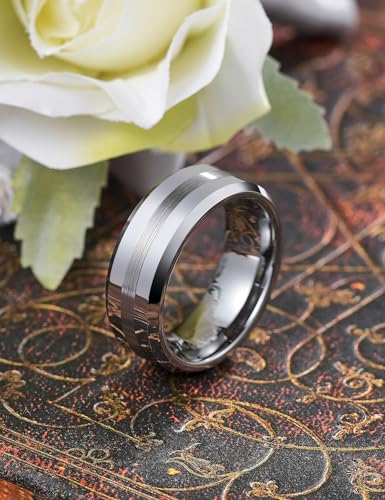 King Will Classic Tungsten Carbide Ring Brushed Two Grooved Center Hammered Design Mens Wedding Band for Men | Black/Silver/Gold, 8mm, Men's Wedding Band, Grooved, Comfort Fit, Everyday Wear - color: A-Silver 8mm