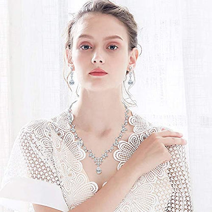 Jewelry Set for Women, Necklace Dangle Earrings Bracelet Set with White AAA Cubic Zirconia, Allergy Free Wedding Party Jewelry for Bridal Bridesmaid - color: Necklace + Earrings