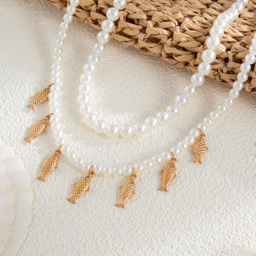 Fish Necklace for Women Handmade Beaded Y Pendant Necklace Colorful Summer Beach Boho Layering Choker Necklaces - color: Fish-Pearl