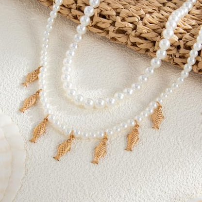 Fish Necklace for Women Handmade Beaded Y Pendant Necklace Colorful Summer Beach Boho Layering Choker Necklaces - color: Fish-Pearl