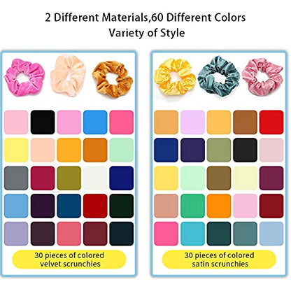 60 Pcs Scrunchies Velvet Scrunchies and Satin Hair Scrunchies for Women | Girls Silk Elastic Hair Ties Scrunchies for Women Hair Accessories with Gift Bag