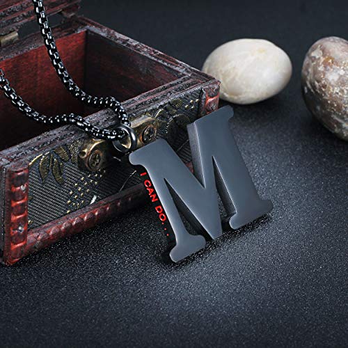Initial 26 Letter A to Z Pendant Necklace for Teen Women Men 24" Chain | Large Alphabet Letter Personalized Charm Pendant,Engraving Red 'I CAN DO ...' on Back - style: M