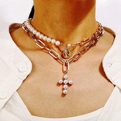 CSIYANJRY99 Layered Gold Necklaces for Women Chunky Gold Necklace Stack Layered Cuban Paperclip Snake Chain Necklace Retro Coin Dainty Pendant Toggle Clasp Necklace - style: Pearl Cross