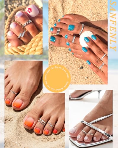 Sanfenly 12 Pcs Toe Rings for Women Non Tarnish Waterproof | 14K Gold Filled Dainty Thin Chunky Open Band Rings, Trendy Silver Plated Adjustable Toe Rings, Summer Beach Foot Jewelry Set - color: Silver Plated