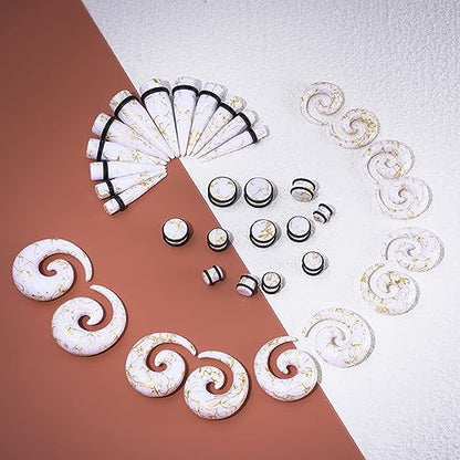 Qmcandy 00G-20mm Ear Stretching Kit 36PCS Big Gauge Taper Kit Large Acrylic Tunnel Plug Spiral Set - color: 36pcs Gloden Line, White