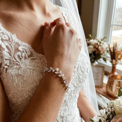 EVER FAITH Gorgeous Cubic Zirconia Pearl Wedding Link Bracelet for Bride | Marquise Teardrop Crystal Bridal Prom Jewelry, for Women Bridesmaids - style: Leaves_Clear Silver-Tone