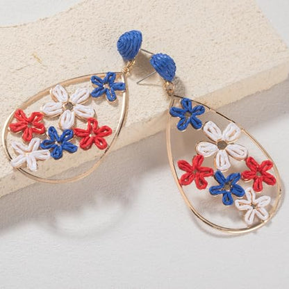 Boho Raffia Flower Teardrop Earrings Cute Colorful Dangle Trendy Jewelry | Floral Drop Statement Big Dangling Earring Hypoallergenic Gold Fun Unique Summer Spring Beach Vacation Outfits for Women - color: Flag
