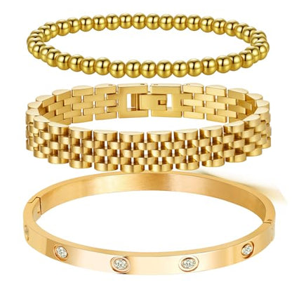 18K Gold Plated Bangle Bracelet Set for women,Cubic Zirconia Classic Stainless Steel Adjustable Gold Tennis Love Bracelets Stack for women and men - color: Wristband Beads Set