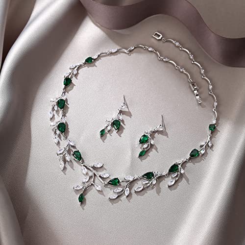 Cubic Zirconia Leaf Vine Wedding Jewelry Set for Bride Women Bridesmaid | Pear-Shaped Birthstone, Necklace Dangle Earrings for Bridesmaid, Silver-Plated-Brass - color: 2pcs_Green