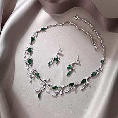 Cubic Zirconia Leaf Vine Wedding Jewelry Set for Bride Women Bridesmaid | Pear-Shaped Birthstone, Necklace Dangle Earrings for Bridesmaid, Silver-Plated-Brass - color: 2pcs_Green