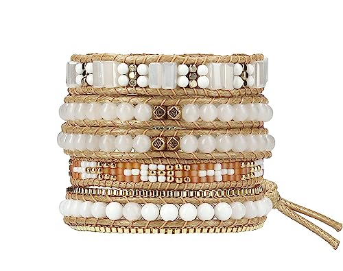 Bracelet for Women – Handmade Vegan Boho Natural Stone Layered Bracelet, Thailand Bohemian Stackable Beaded Wrap Bracelets, Summer Hippie Bracelet Stack, Fashion Jewelry Gifts - color: A16-Nude
