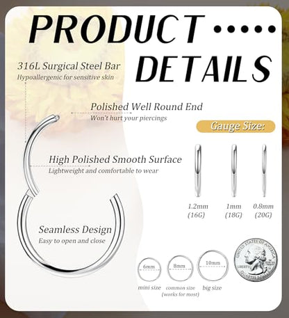 3pcs Nose Rings Hoops - 316L Surgical Steel Nose Hoops 16G/18G/20G CZ Opal Turquoise Clicker Septum Nose Ring Lip Helix Cartilage Hoop Earring Daith Rook Conch Body Piercing Jewelry for Women Men 6mm 8mm 10mm - color: Silver, size: 18 gauge(1.0mm)-6mm