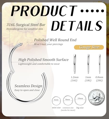3pcs Nose Rings Hoops - 316L Surgical Steel Nose Hoops 16G/18G/20G CZ Opal Turquoise Clicker Septum Nose Ring Lip Helix Cartilage Hoop Earring Daith Rook Conch Body Piercing Jewelry for Women Men 6mm 8mm 10mm - color: Silver, size: 20 gauge(0.8mm)-6mm