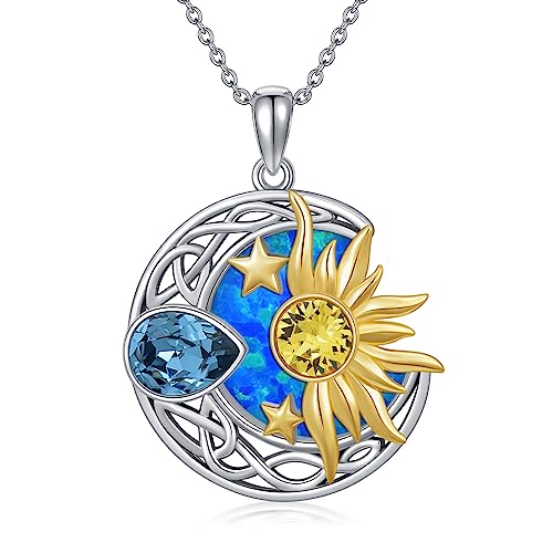 AOBOCO 925 Sterling Silver Moon Sun Star Necklace Celtic Jewelry for Women Girls - color: Silver&Gold&Blue Opal