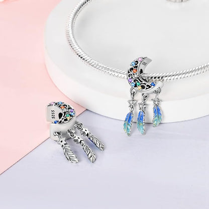 LNQOBU 925 Sterling Silver Charms for Bracelets Necklaces,5A Cubic Zirconias Evil Eye Dangle Beads Charms Jewelry Gift for Women (With one Spacer Beads Charms) - style: Star and Moon Dreamcatcher