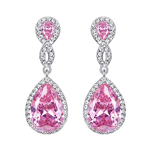 EVER FAITH Cubic Zirconia Wedding Earrings for Women Brides, Austrian Crystal Birthstone 8-Shape Infinity Bridal Dangle Earring - style: Pierced_Pink Silver-Tone