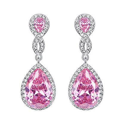 EVER FAITH Cubic Zirconia Wedding Earrings for Women Brides, Austrian Crystal Birthstone 8-Shape Infinity Bridal Dangle Earring - style: Pierced_Pink Silver-Tone