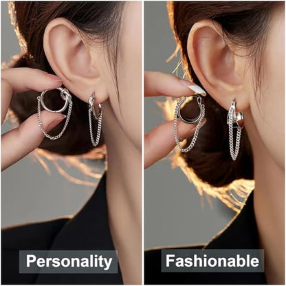 2 Pairs Gold/Silver Hoop Earrings For Women Set Trendy,14K Plated Gold Chunky Huggie Hoop Earings Pack,Oval Twisted Statement Silver Hoops,Fashion Jewelry Gift - color: 22) Silver chain hoops