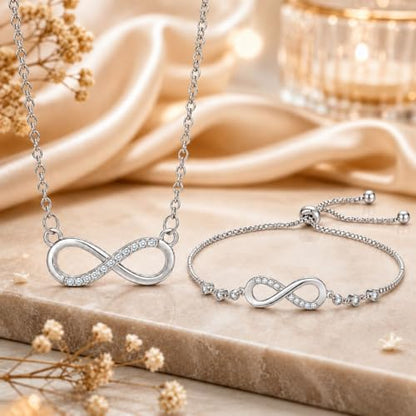 Nilu's Collection Silver Infinity Necklace & Adjustable Bracelet Set for Women