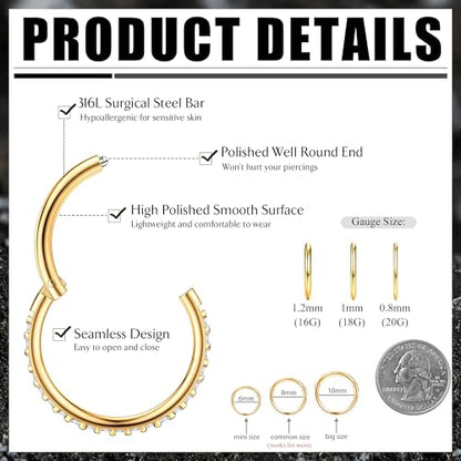 FASACCO 20G 18G 16G Cartilage Hoop Earring 316L Surgical Steel Silver Huggie Hoop Earrings Hypoallergenic Hinged Segment Rings Septum Nose Hoops Daith Conch Helix Tragus Piercing Jewelry 6mm/8mm/10mm - style: Gold-18G-10MM