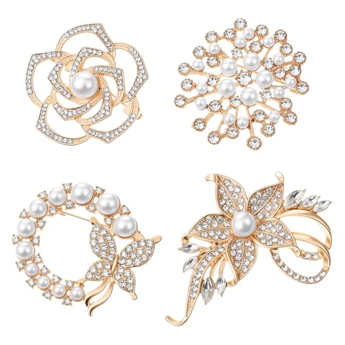 Brooches and Pins for Women 4 Pcs Flower Brooch Pins | Crystal Pearl Brooch Jewelry, Gold Rhinestone, Butterfly Floral Brooches, for Wedding Clothing, Accessory Fashion Jewelry
