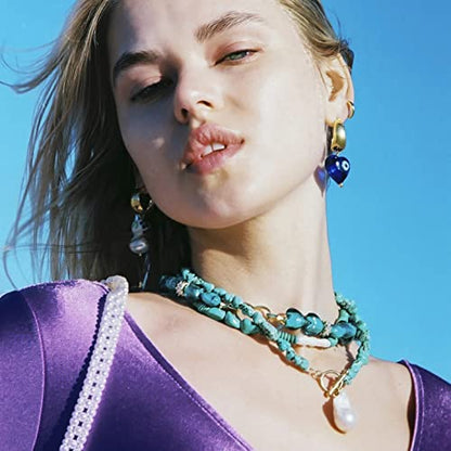 18k Gold Plated Chain Link Necklace for Women, Baroque Pearl/Compass Pendant Necklace - color: Turquoise Baroque