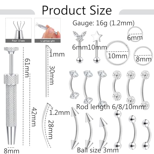 Eyebrow Rook Piercing Jewelry with Tools Barbell Eyebrow Rings | 16G Stainless Surgical Steel Rook Earrings Vertical Labret Lip Surface Tragus Frog Eyes Piercing Jewelry - style: 20B