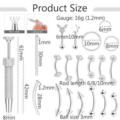 Eyebrow Rook Piercing Jewelry with Tools Barbell Eyebrow Rings | 16G Stainless Surgical Steel Rook Earrings Vertical Labret Lip Surface Tragus Frog Eyes Piercing Jewelry - style: 20B
