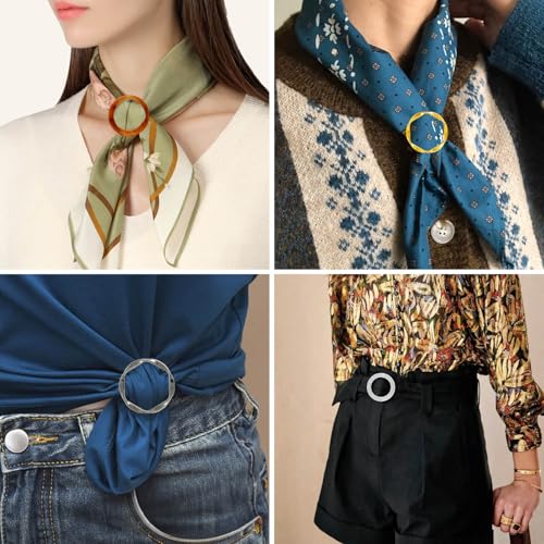 14 PCS Silk Scarf Ring Clip, T-shirt Ties Clips Clothes Corner Knotted Button for Women Shirt Waist Cincher Clips Tightener, Women Fashion Metal Round Circle Shirt Clip with 1 Storage Bag