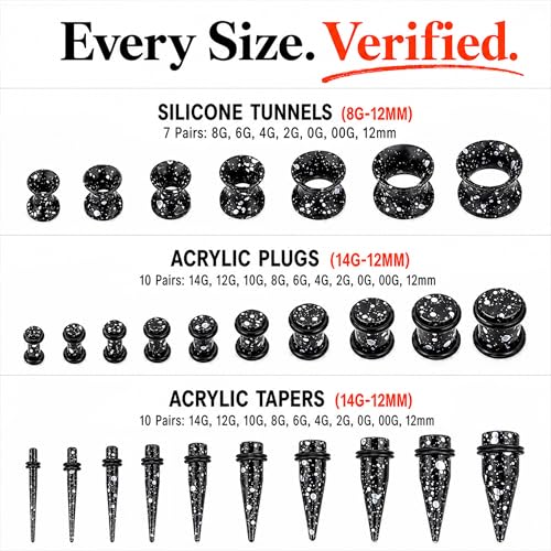 BodyJ4You 54PC Ear Stretching Kit 14G-12mm - Aftercare Jojoba Oil - Acrylic Plugs Gauge Tapers Silicone Tunnels - Lightweight Expanders Men Women - color: Black, White Splatter