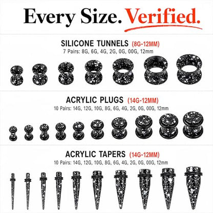 BodyJ4You 54PC Ear Stretching Kit 14G-12mm - Aftercare Jojoba Oil - Acrylic Plugs Gauge Tapers Silicone Tunnels - Lightweight Expanders Men Women - color: Black, White Splatter