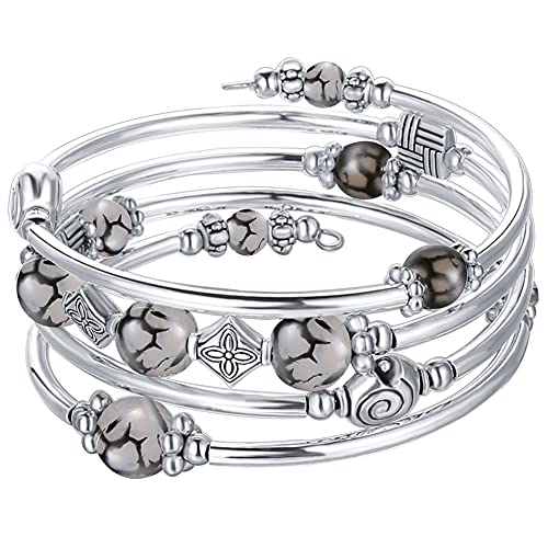 Beaded Pearl Bangle Wrap Bracelet - Fashion Bohemian Jewelry Multilayer Charm Bracelet with Thick Silver Metal Beads, Gift For Women - color: Grey