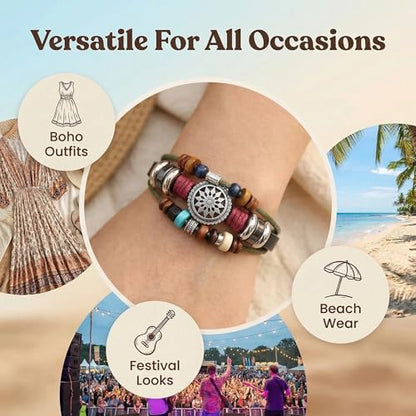 Bohemian Sunflower Hand-Woven Bracelet for Women - Multilayer Beaded Western Jewelry - Adjustable Boho Stackable Bracelet for Summer Beach & Festival Outfits