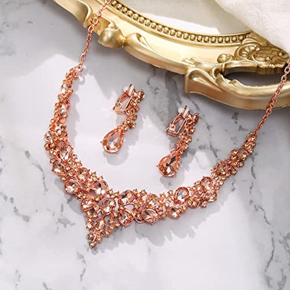 Wedding Statement Necklace Clip-on Earrings Jewelry Set | Sparkling Austrian Crystal Teardrop Cluster for Party Prom Accessories - color: 09-Peach Rose-Gold-Tone