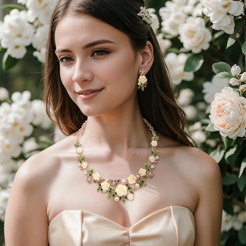 EVER FAITH Costume Jewelry Crystal Simulated Pearl Rose Flower Leaf Prom Party Statement Necklace Earrings Bracelet Set for Women - color: Brown Gold-Tone
