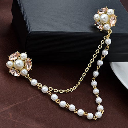 Champagne Tone Crystal Pearl Daisy Flower Brooches Pins with Pearl Chain Tassel Sweater Guard Clip Pin