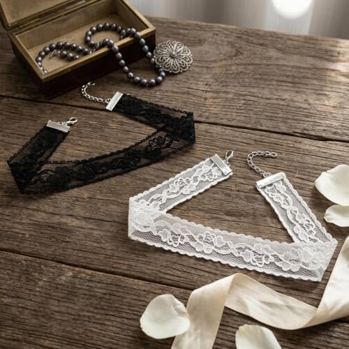 2Pcs Black White Lace Choker,Lace Goth Tattoo Necklace Set for Women | Velvet Lace Choker Necklaces Set Adjustable Gothic Tattoo Necklaces,Classic Choker Chain Jewelry Gifts for Women Layered