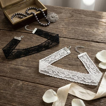 2Pcs Black White Lace Choker,Lace Goth Tattoo Necklace Set for Women | Velvet Lace Choker Necklaces Set Adjustable Gothic Tattoo Necklaces,Classic Choker Chain Jewelry Gifts for Women Layered