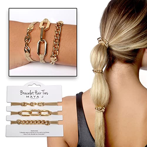 Bracelet Hair Ties With Beige Black Elastic, Looks Cute On Your Wrist And Great In Your Hair from Maya J (Gold, Metal accents) HT33Y - color: Gold, Metal Accents