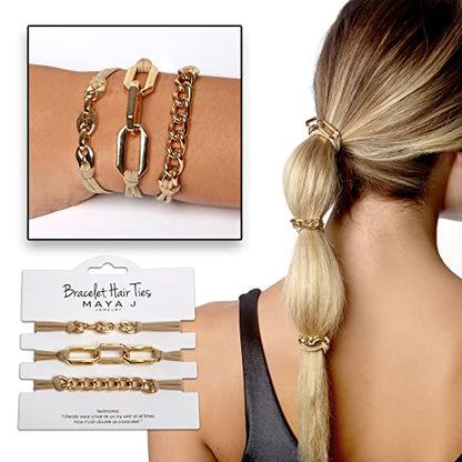 Bracelet Hair Ties With Beige Black Elastic, Looks Cute On Your Wrist And Great In Your Hair from Maya J (Gold, Metal accents) HT33Y - color: Gold, Metal Accents
