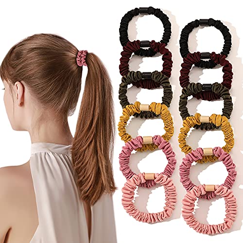 Silk Hair Ties Scrunchies - Small Mini Scrunchy for Women Thick Hair Accessories Cute Soft No Slip Hair Elastics Ponytail Holder for Curly Hair No Damage Hairties Gift for Girls - color: Colorful Black Pink