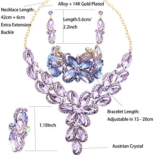 Jewelry Set for Women Rhinestone Austrian Crystal Statement Flower Necklace Link Bangle Bracelet Dangle Earrings Rings Allergy Free Wedding Party Jewelry Set for Bridal Bridesmaid - color: Violet-Gold Plated