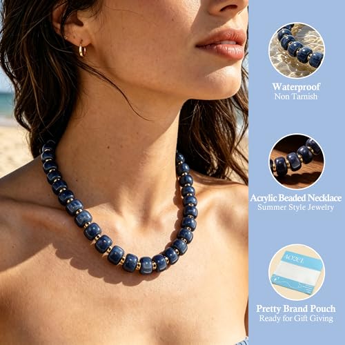 AOZEL Chunky Resin Beaded Necklace for Women Colorful Bead | Summer Beach, Waterproof, Fade Resistant, Adjustable Length, Boho Statement, for Daily Wear & Gifting - color: Olive Green