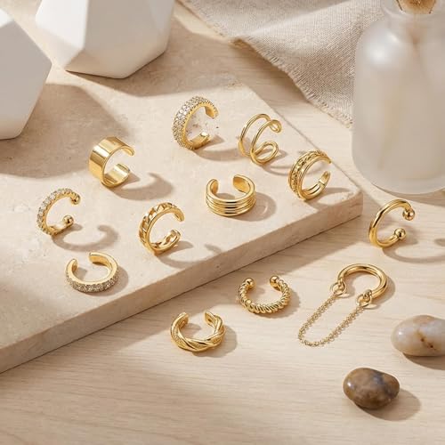 12Pcs Ear Cuffs Non Piercing 14K Gold Plated Ear Cuff Earrings for Women Adjustable Non Pierced Ears Clip on Cartilage Earrings Set Jewelry - color: A1: 12set ear cuff