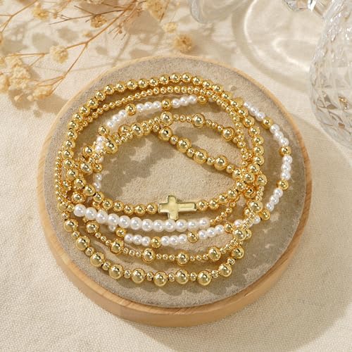 Colorful Gold Plated Stackable Ball Seed Beaded Bracelets Set For Women, Boho Handmade Romantic Stretch Accessories Jewelry, Daily Wear Holiday Party Friendship Gift - color: Freshwater Pearl