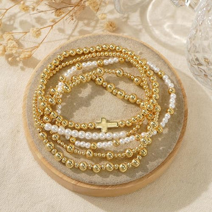Colorful Gold Plated Stackable Ball Seed Beaded Bracelets Set For Women, Boho Handmade Romantic Stretch Accessories Jewelry, Daily Wear Holiday Party Friendship Gift - color: Freshwater Pearl