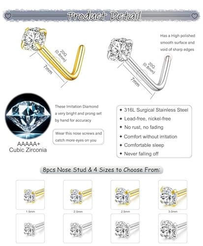 8PCS 18G 20G 22G Nose Studs, Hypoallergenic L Shaped Nose Rings Set | Gold/silver styles, 316L Surgical Stainless Steel, CZ sizes 1.5-3mm, secure fit for sensitive skin and daily wear - color: 20G L-Shaped Gold/Silver