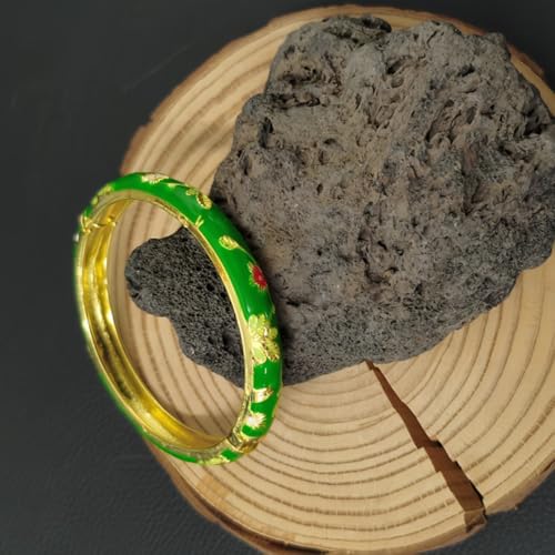 Cloisonne Bracelet For Women, Chunky Bangle Trendy Cute Flower Enamel Bangles Multi Tone Engraved Cuff Gold Plated Bracelets Stackable Wife Jewelry Friendship Gift - color: Emerald Green