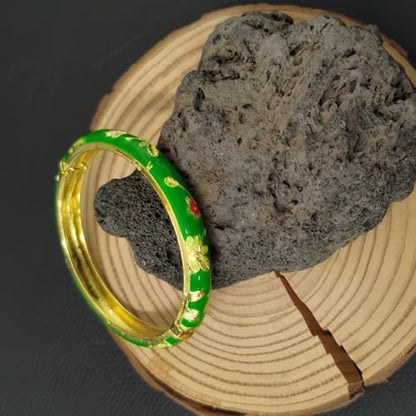 Cloisonne Bracelet For Women, Chunky Bangle Trendy Cute Flower Enamel Bangles Multi Tone Engraved Cuff Gold Plated Bracelets Stackable Wife Jewelry Friendship Gift - color: Emerald Green